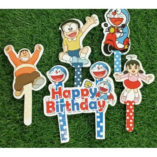 Cake Decor 5 pcs Doraemon Happy Birthday Theme Paper Topper For Cake And Cupcake