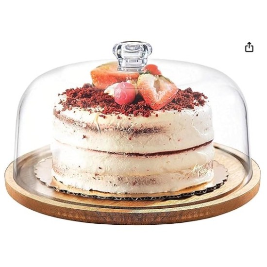 Cake Stand with Dome, Round Cake Plate with Acrylic Lid, Cake Holder with Clear Cover and Wooden Serving Tray